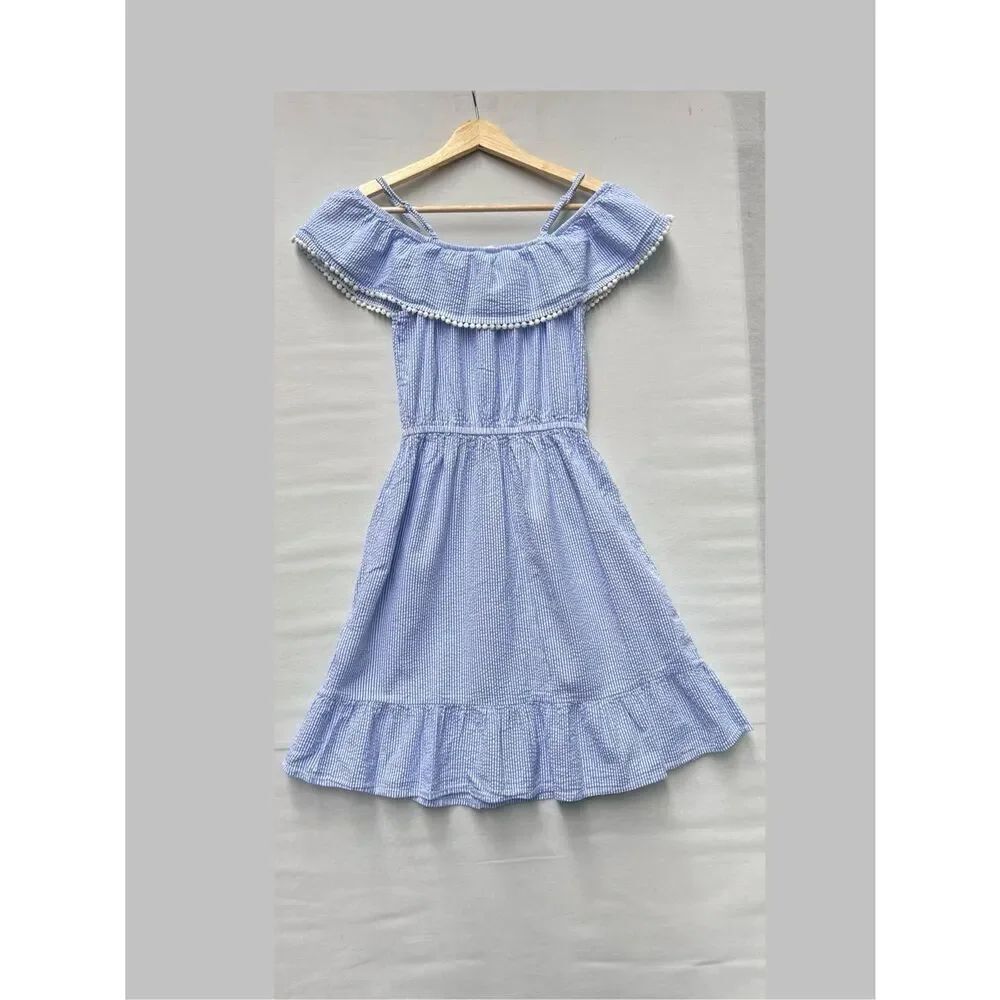 H & M Seersucker Off-Shoulder Dress With Ruffle Trim & Pom-Pom Detail size 10-12